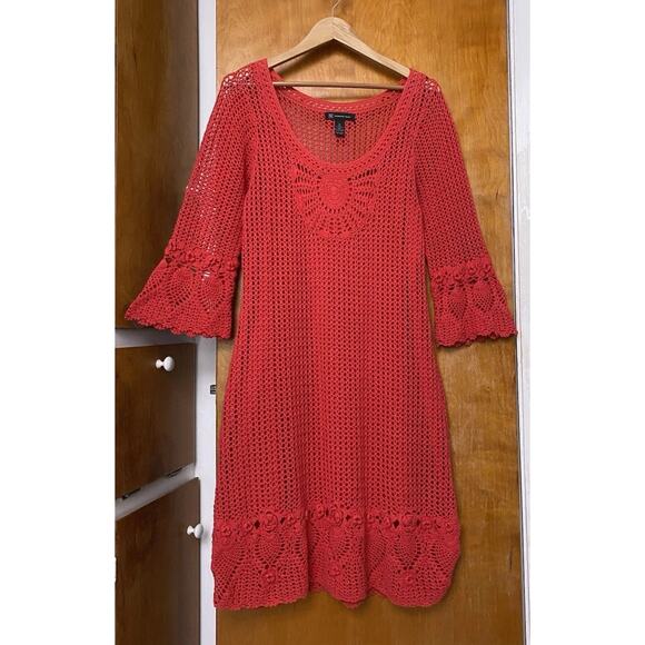 Vintage Y2K Does 70s Red Dress Crochet Trim Bell Sleeve Knit Mini Sz XL Boho - Picture 3 of 8